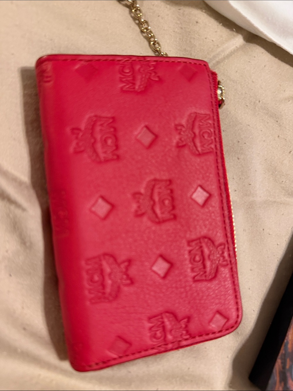 MCM Red Embossed Leather Key Chain Wallet Case